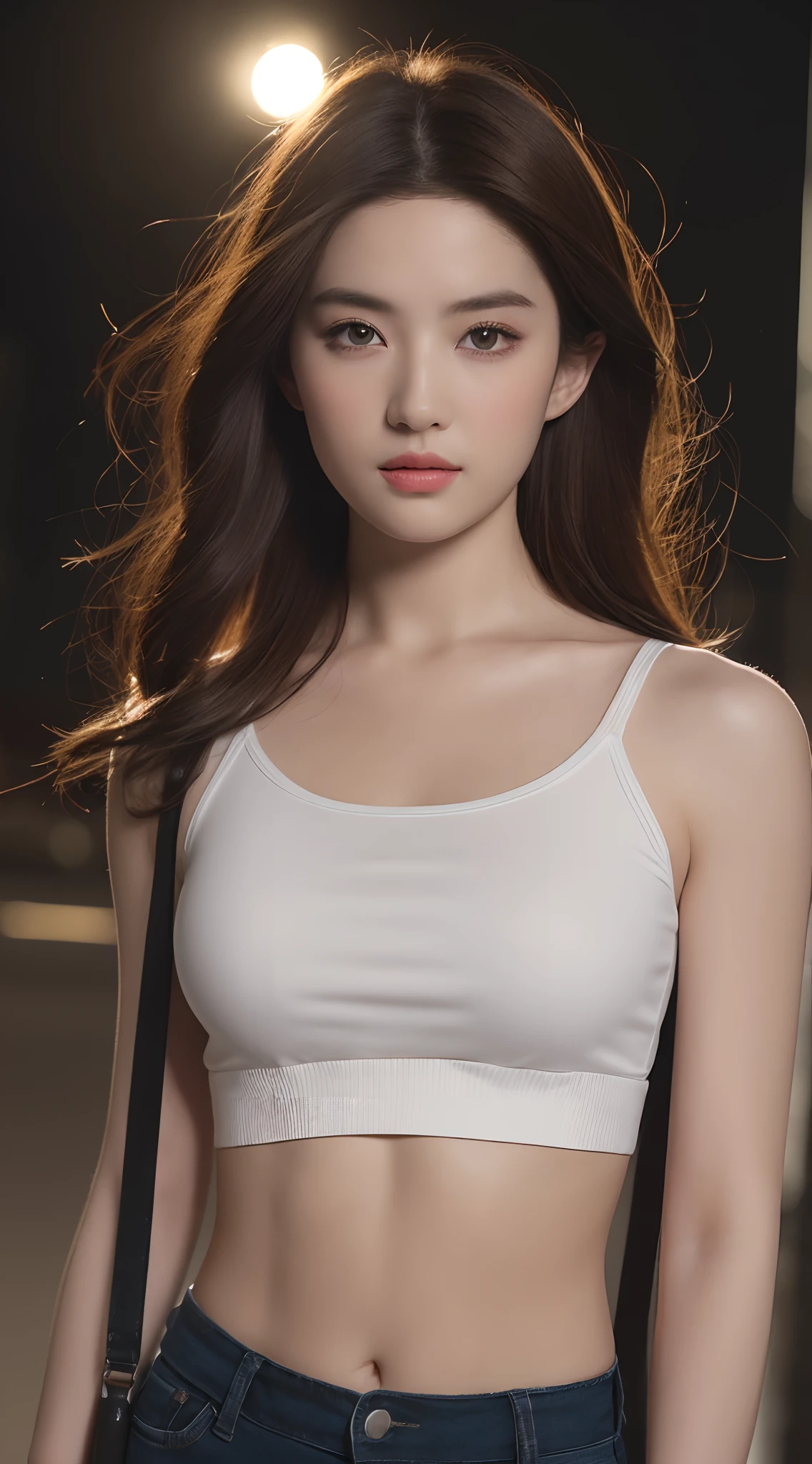 ((Realistic lighting, Best Quality, 8K, Masterpiece: 1.3)), Clear Focus: 1.2, 1girl, Perfect Body Beauty: 1.4, Slim Abs: 1.1, ((Dark Brown Hair)), (White Tight Suit: 1.4), (Outdoor 1.1), City Night View, Super Fine Face, Fine Eyes, Double Eyelids