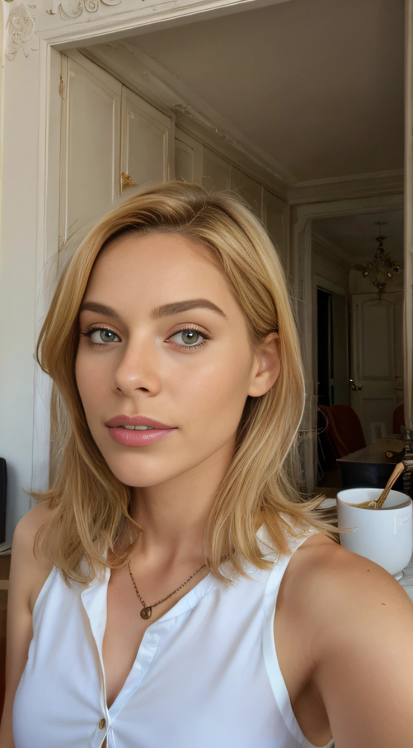 1 belle femme avec de long cheveux blond, avec les mensuration suivante 90-60-90, Eating breakfirst in parisian appartement, photo selfie
