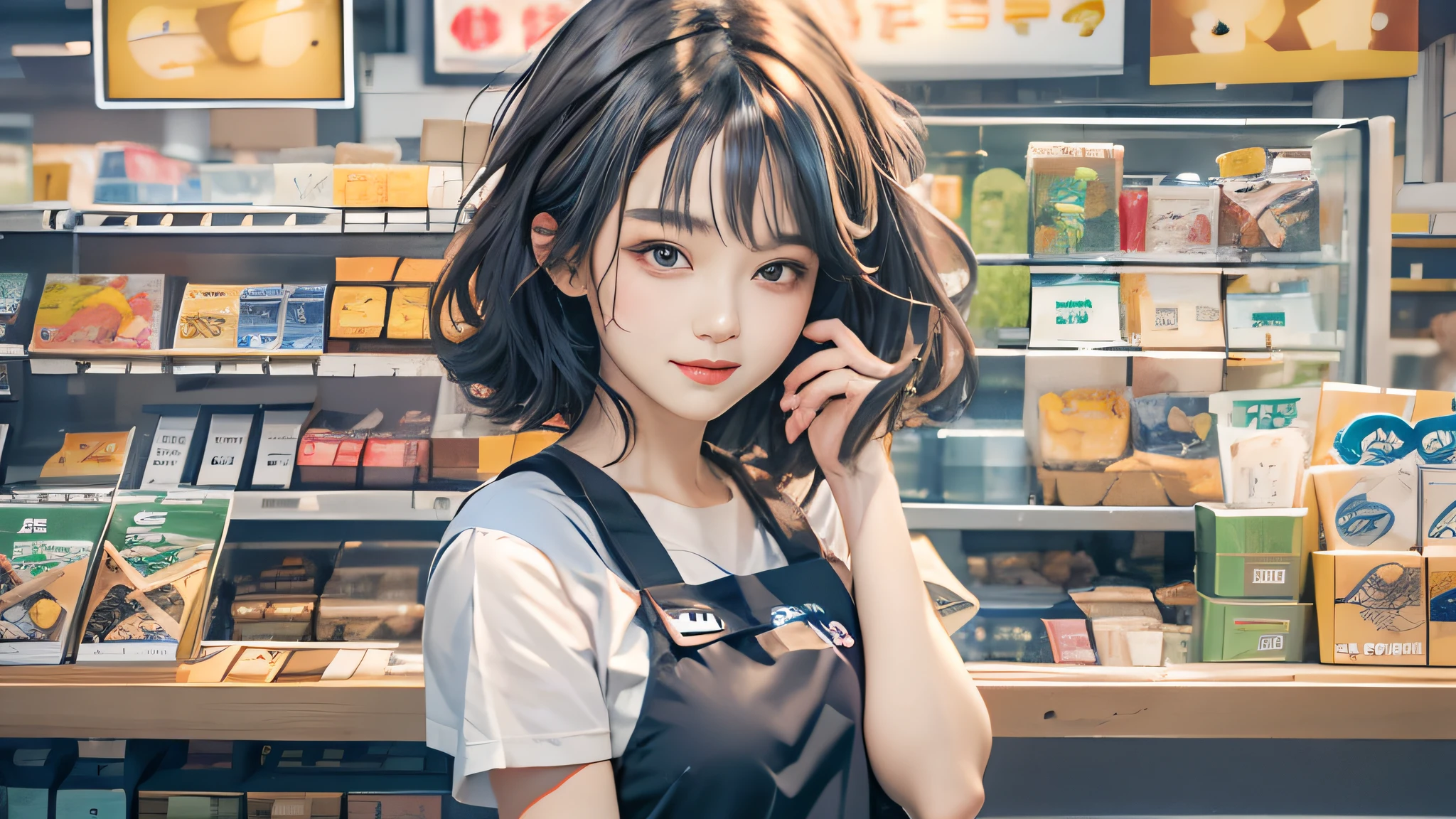 masutepiece、A high resolution、The convenience store of the future、Convenience store clerk、30-year-old girl、１Female shop assistant、Looking at the camera、ssmile、The completion is as shown in the image、Cash register and beauty、Fair and beautiful skin、Short and beautiful hair、inner colored、Hair should be tied in the back、