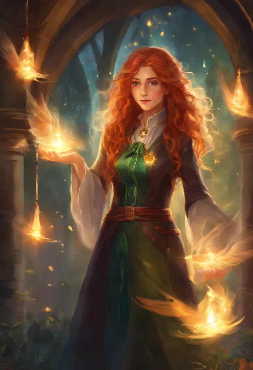 1girl, long curly redhair, white skin, hogwarts, slytherin witch,hogwarts students uniform, at night, dark, moolight, magic wand in her hand, harry potter