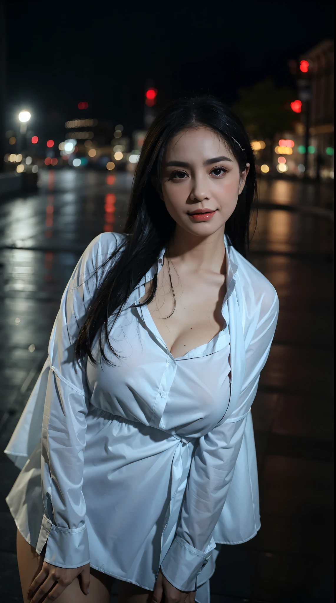 (8k, RAW photo, best quality, mastery:1.2), (realistic, photo-realistic:1.37),1girl,cityscape, night, rain, wet, professional lighting, photon mapping, radiosity, Chinese Doll,torn,chemise, large Image breasts, nurses, wedding dresses, hijab, big breasts