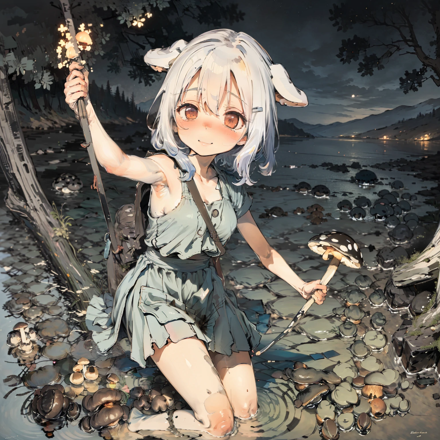 Simple drawing, Mushrooms and girls, huge boob, Big smile, glowing mushrooms, Mushrooms + Mushrooms + Mushrooms + Mushrooms + Mushrooms, Mushrooms on the head, Mushrooms grow on the body,From the side Side,Dancing,Watercolor illustration, Perfect anatomy, Masterpiece, Best quality, 1girll, Solo, (with short white hair:1.2),Nature, landscape
