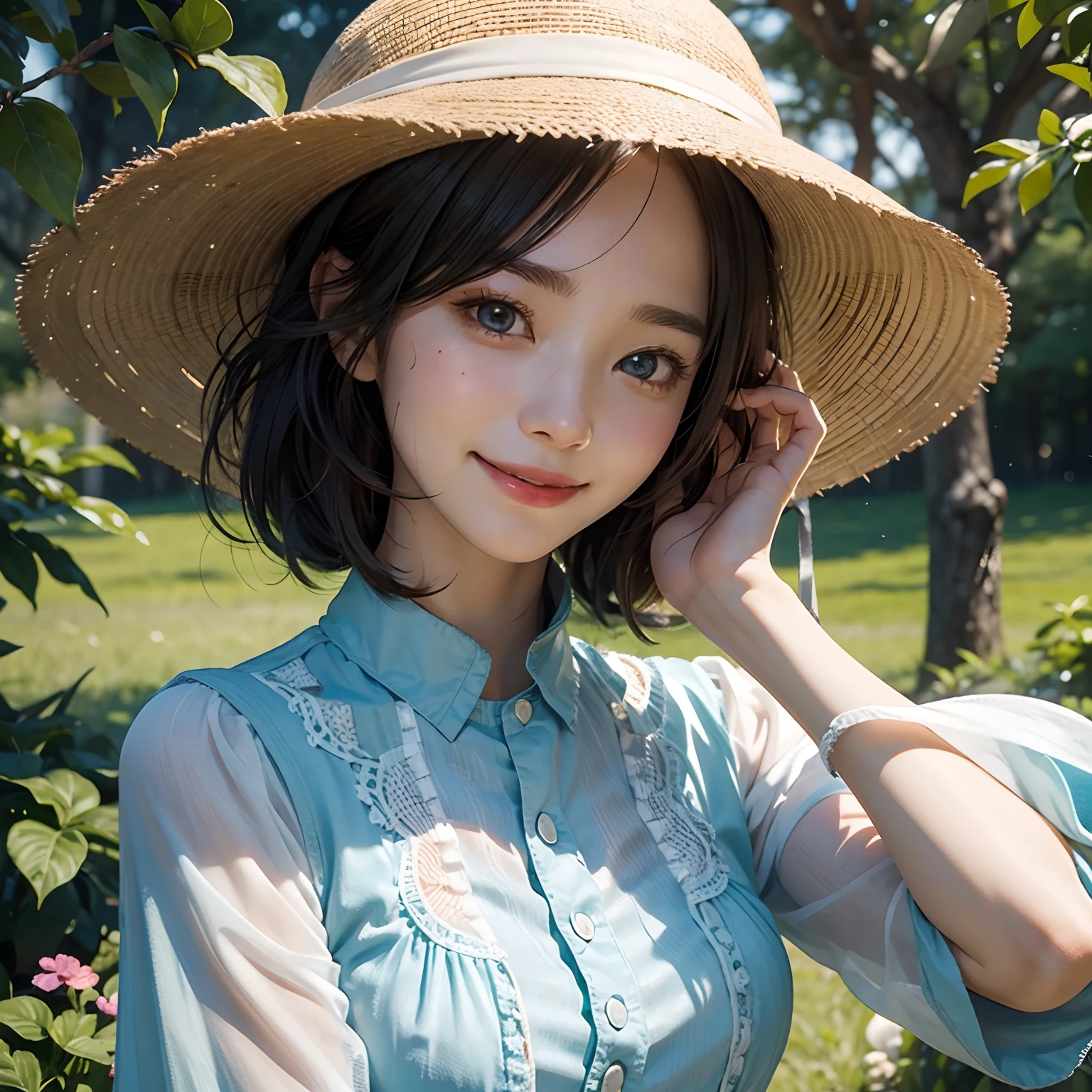 Top quality, 8K, Illustration of light novel style with delicate drawings in the adventure genre. A close-up of the herbalist's face. She is wearing a summer hat and has a feminine bob hairstyle. She is sweating and blushing slightly, but smiling beautifully. Her smile is warm and gentle, showing her white teeth. Her eyes are green and almond-shaped, looking at the protagonist with gratitude and curiosity.
