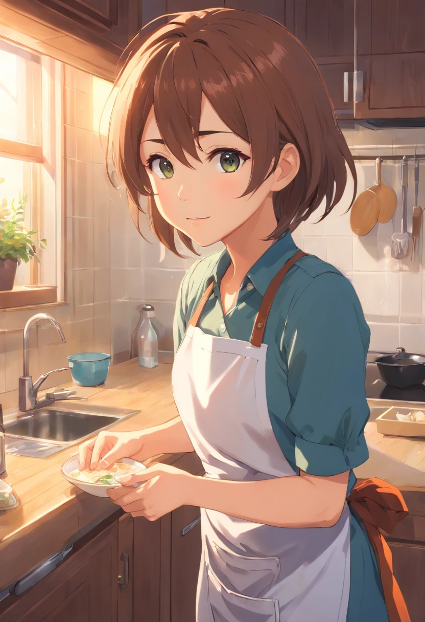 (Best quality,A high resolution,Masterpiece:1.2),(1girll),,(A bust up close),(Wear aprons and plain clothes),(Soft warm lighting),(Inside the kitchen:1.0),(Washing dishes),There is foam on the hands,(Soft warm lighting),(Inside the kitchen:1.0),(tap),
(depth of fields:1.0)
