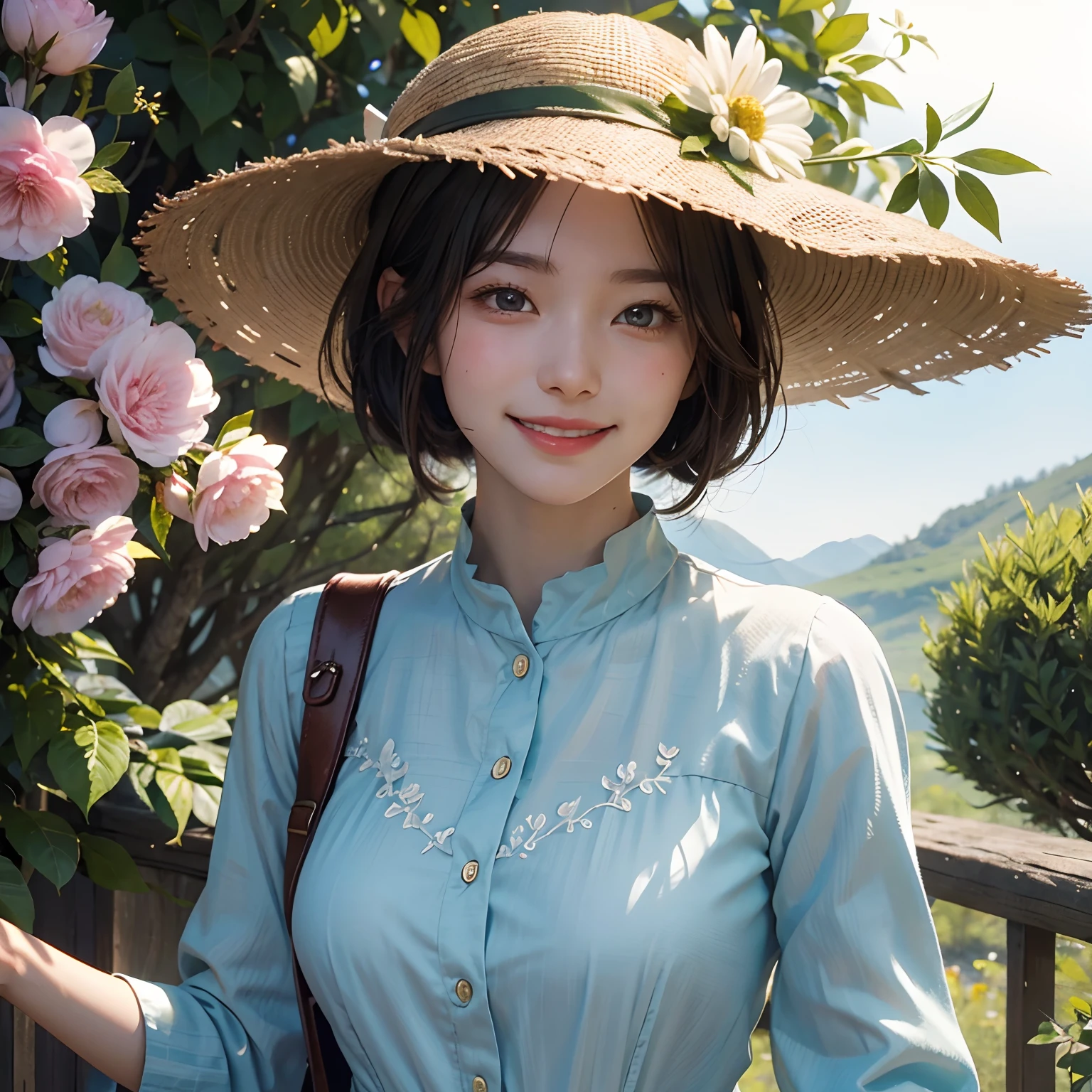 Top quality, 8K, Illustration of light novel style with delicate drawings in the adventure genre. A close-up of the herbalist's face. She is wearing a summer hat and has a feminine bob hairstyle. She is sweating and blushing slightly, but smiling beautifully. Her smile is warm and gentle, showing her white teeth. Her eyes are green and almond-shaped, looking at the protagonist with gratitude and curiosity.
