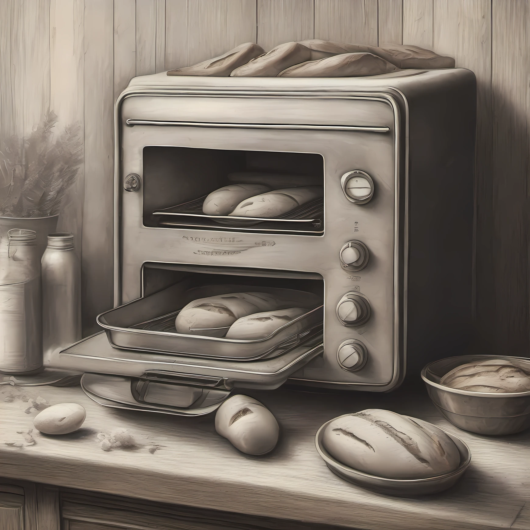 graphite drawing, pencil shading, subtle gradation, monochromatic, detailed textures, fine linework, delicate touch, Fresh bread、Bread machine background、analog film, grainy textures, warm tones, nostalgic atmosphere, organic imperfections, classic charm, timeless aesthetics