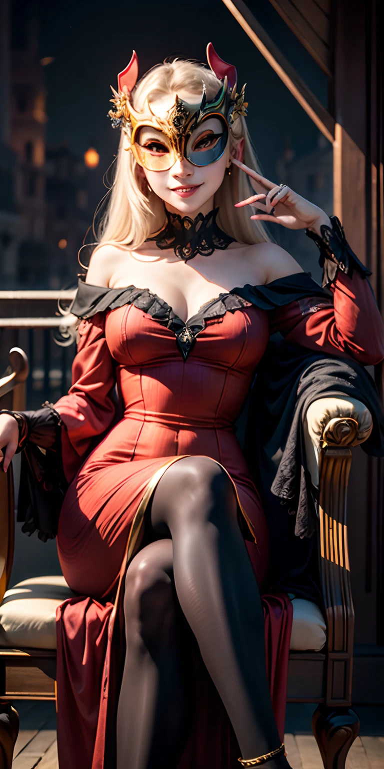 realisticlying、A 23-year-old girl、Medieval European aristocracy、(Masquerade)、Sit in a chair and cross your legs、Wearing a long-sleeved red dress、Various sexy poses、(Venetian mask)、Face smile、