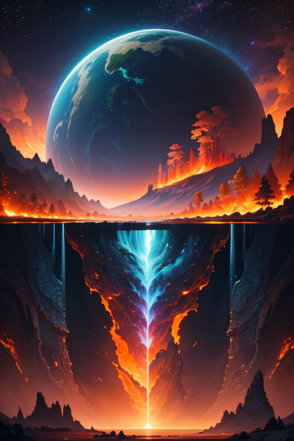 A beautiful earth filled with water and lava, intricate, masterpiece, expert, insanely detailed, 4k, composition, framing, centered, symmetry, painted, intricate, volumetric lighting, beautiful, rich deep colors masterpiece, sharp focus, ultra detailed, in the style of dan mumford and marc simonetti, astrophotography
