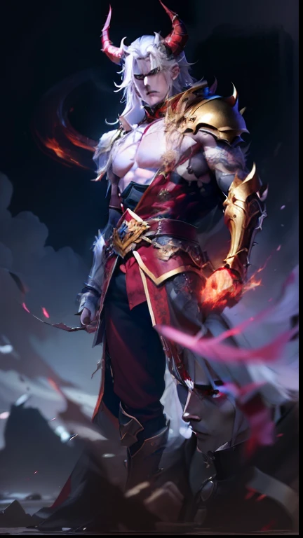 A close-up of a male character with horned head and horns, Suitable for white-haired banshees,Corner of magma material,Heavy beast head and shoulder blades,Magma-eyed animal head and shoulder blades,Bracers, human male demon, djinn man male demon, demon male, male djinn man demon hybrid, demon soul concept art, portrait demon half human, man male demon, demon noble character design, Demon Lord, the former demon king,China-style,White-haired god, painted in the style arcane, Male characters,Delicate belt,China-style,Chinese-style clothing,Refinement,Fine painting,Refinement,infinite details,high definition detail,Patterned,Blank background,Bright colors,Metal edging, fighting, rad armor, anime style,
