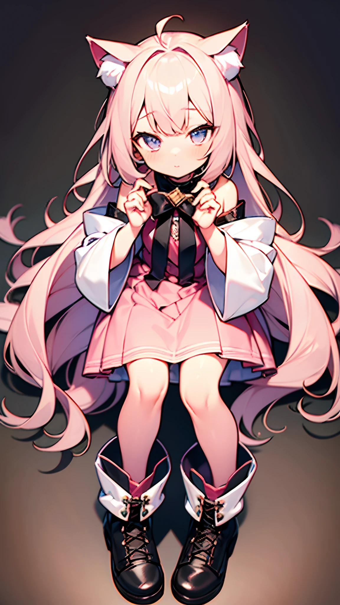 Cute girl with cat ears、Japan anime style、Moe、(full body2.0)、(1 person only 2.1)、(No background 1.8)、Authentic and highly detailed body、小柄、girl with、childish、ers old、length hair、bangss、A pink-haired、Authentic and highly detailed face、beautiful eyes that are authentic and highly detailed,、 Authentic and very delicate arms and hands、Authentic and highly detailed human hands(5 fingers)、The most beautiful girl in the world、Delicate and beautiful pink cat eyes、Authentic skin texture、Plain clothe、lolita、a miniskirt、(Authentic and highly detailed kneehigh pink stockings 2.5)、(Authentic and highly detailed long boots 1.5)