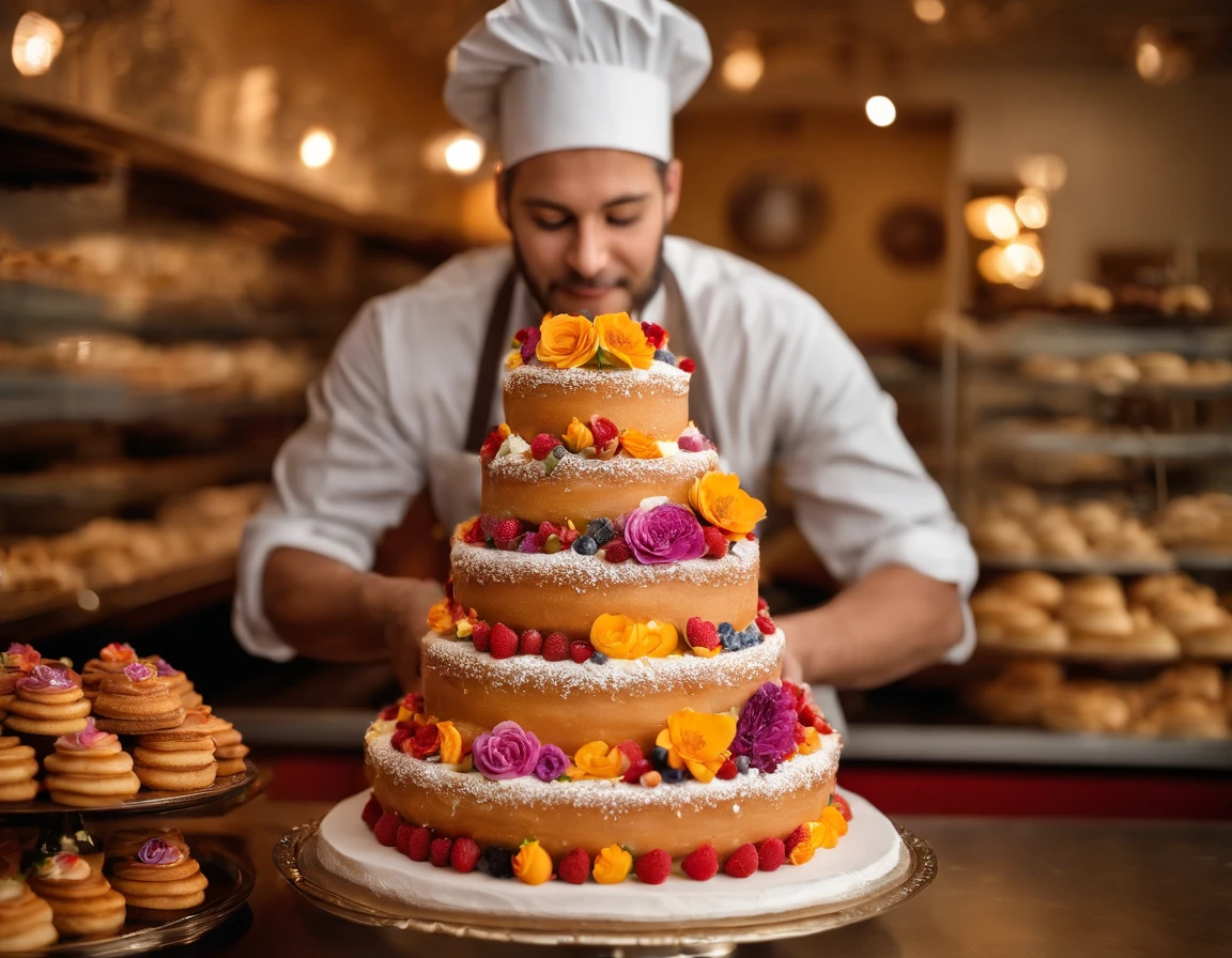 Food Photography capturing the artistry of a baker as they create a visually stunning cake masterpiece. The image reveals a baker, a young man with a focused expression, meticulously layering vibrant buttercream icing on a multi-tiered cake. Delicate sugar flowers and intricate fondant decorations adorn the masterpiece. The bakery environment is filled with the aroma of freshly baked goods. The backdrop features a display counter adorned with an assortment of delectable pastries and creamy desserts. This photograph celebrates the skill and creativity of a passionate baker in pursuit of perfection. Photographed by Dominique Ansel, a celebrated pastry chef and inventor of the famous cronut