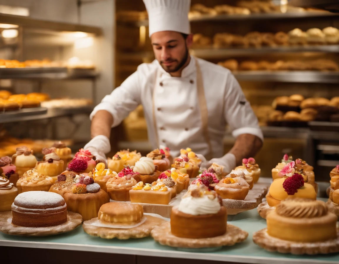 Food Photography capturing the artistry of a baker as they create a visually stunning cake masterpiece. The image reveals a baker, a young man with a focused expression, meticulously layering vibrant buttercream icing on a multi-tiered cake. Delicate sugar flowers and intricate fondant decorations adorn the masterpiece. The bakery environment is filled with the aroma of freshly baked goods. The backdrop features a display counter adorned with an assortment of delectable pastries and creamy desserts. This photograph celebrates the skill and creativity of a passionate baker in pursuit of perfection. Photographed by Dominique Ansel, a celebrated pastry chef and inventor of the famous cronut