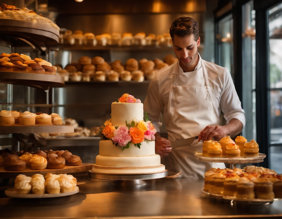 Food Photography capturing the artistry of a baker as they create a visually stunning cake masterpiece. The image reveals a baker, a young man with a focused expression, meticulously layering vibrant buttercream icing on a multi-tiered cake. Delicate sugar flowers and intricate fondant decorations adorn the masterpiece. The bakery environment is filled with the aroma of freshly baked goods. The backdrop features a display counter adorned with an assortment of delectable pastries and creamy desserts. This photograph celebrates the skill and creativity of a passionate baker in pursuit of perfection. Photographed by Dominique Ansel, a celebrated pastry chef and inventor of the famous cronut
