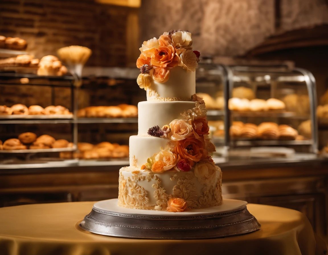 Food Photography capturing the artistry of a baker as they create a visually stunning cake masterpiece. The image reveals a baker, a young man with a focused expression, meticulously layering vibrant buttercream icing on a multi-tiered cake. Delicate sugar flowers and intricate fondant decorations adorn the masterpiece. The bakery environment is filled with the aroma of freshly baked goods. The backdrop features a display counter adorned with an assortment of delectable pastries and creamy desserts. This photograph celebrates the skill and creativity of a passionate baker in pursuit of perfection. Photographed by Dominique Ansel, a celebrated pastry chef and inventor of the famous cronut