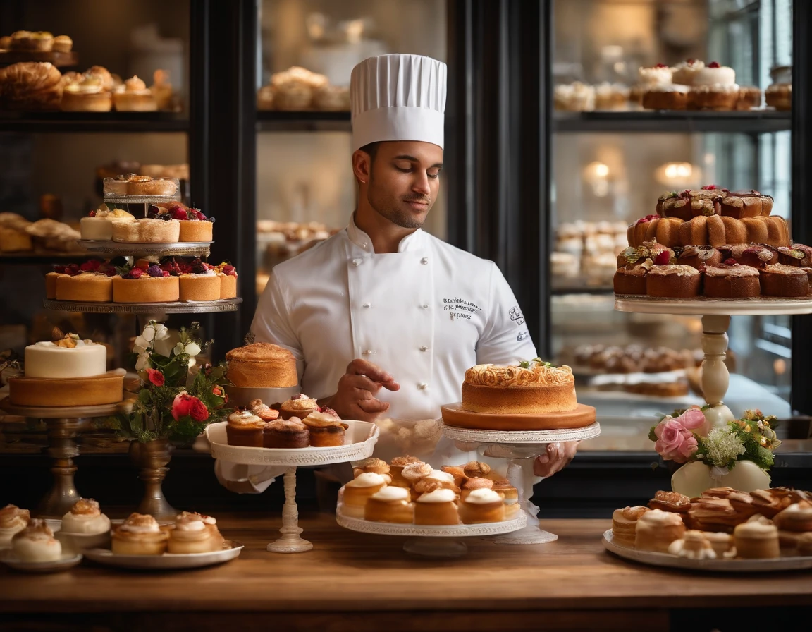 Food Photography capturing the artistry of a baker as they create a visually stunning cake masterpiece. The image reveals a baker, a young man with a focused expression, meticulously layering vibrant buttercream icing on a multi-tiered cake. Delicate sugar flowers and intricate fondant decorations adorn the masterpiece. The bakery environment is filled with the aroma of freshly baked goods. The backdrop features a display counter adorned with an assortment of delectable pastries and creamy desserts. This photograph celebrates the skill and creativity of a passionate baker in pursuit of perfection. Photographed by Dominique Ansel, a celebrated pastry chef and inventor of the famous cronut