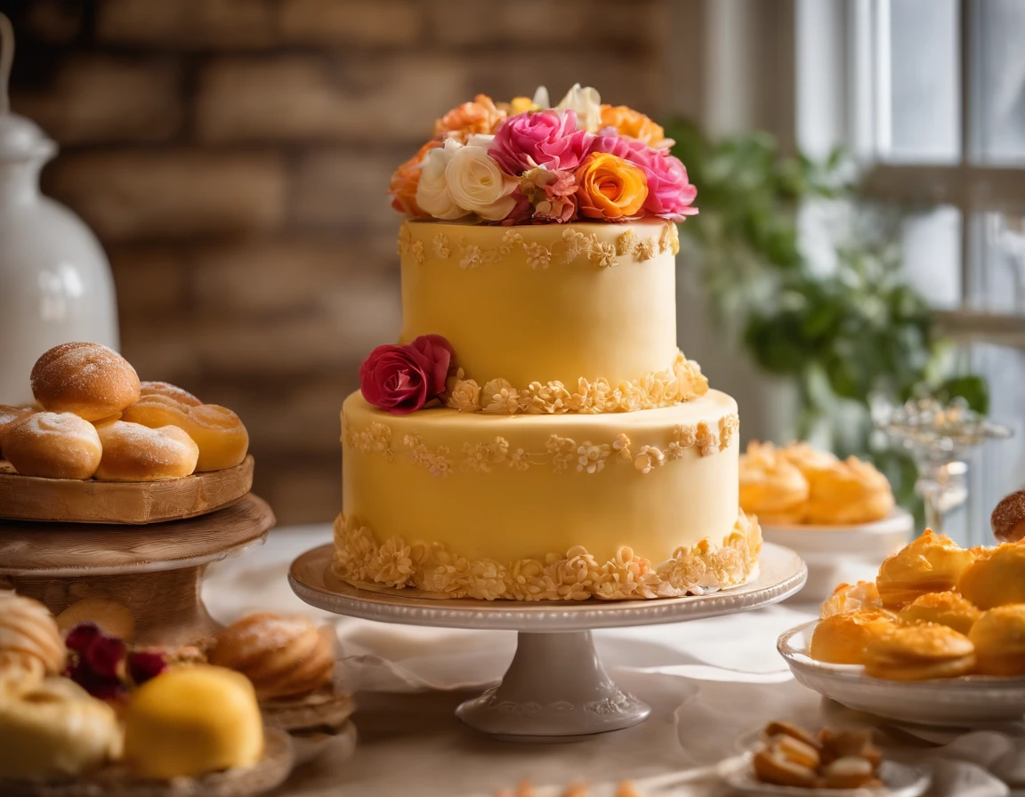Food Photography capturing the artistry of a baker as they create a visually stunning cake masterpiece. The image reveals a baker, a young man with a focused expression, meticulously layering vibrant buttercream icing on a multi-tiered cake. Delicate sugar flowers and intricate fondant decorations adorn the masterpiece. The bakery environment is filled with the aroma of freshly baked goods. The backdrop features a display counter adorned with an assortment of delectable pastries and creamy desserts. This photograph celebrates the skill and creativity of a passionate baker in pursuit of perfection. Photographed by Dominique Ansel, a celebrated pastry chef and inventor of the famous cronut