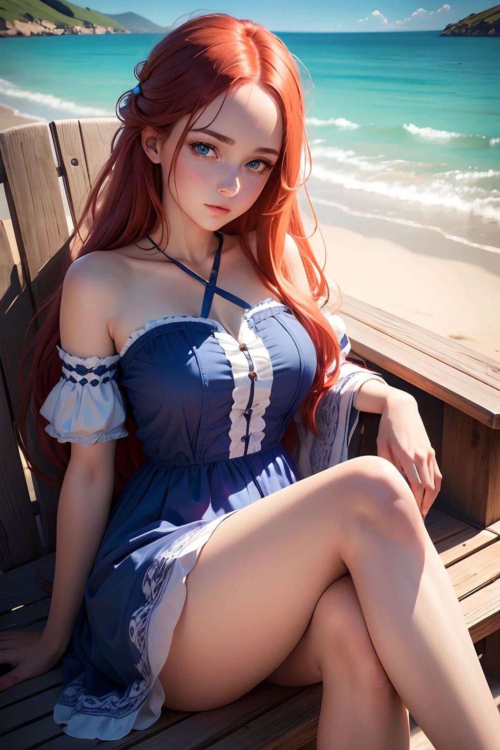 high definition, master’s work, sweet looking, colourful, 1girl, cross legged, summer dress, detailed face description, blue eyes, detailed eye, exquisite facial feature, long straight red hair, lake, 8k, high resolution, correct limps, masterpiece