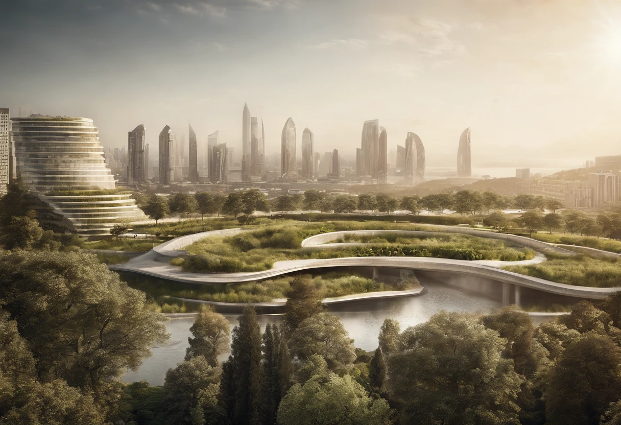 Architectural photography depicting utopian cityscapes, Nature blends seamlessly with the urban fabric. The image shows skyscrapers decorated with cascading vertical gardens, An oasis of refreshing relief amid the hustle and bustle. Rooftop park, Abundant green space, The winding waterways provide respite,and promotes community interaction. The city is bathed in softness, Diffused sunlight, creating a tranquil atmosphere. The background shows mountains in the distance, Elevate the natural beauty of the city. This photograph captures the harmonious coexistence of man-made buildings with the organic world, Provide a glimpse into the environmentally conscious future. photography of:Bjarke Ingels, An innovative Danish architect,Known for its sustainable and human-centered design