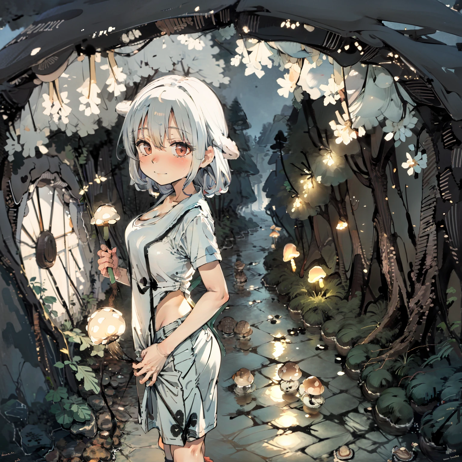 Simple drawing, Mushrooms and girls, tchibi, Cute, Big smile,  glowing mushrooms, Mushrooms + Mushrooms + Mushrooms + Mushrooms + Mushrooms, Mushrooms on the head, Mushrooms grow on the body，From the side Side，Dancing，Watercolor illustration, Perfect anatomy, Masterpiece, Best quality, 1girll, Loli,elementary student， Solo, (with short white hair:1.2),Nature, landscape