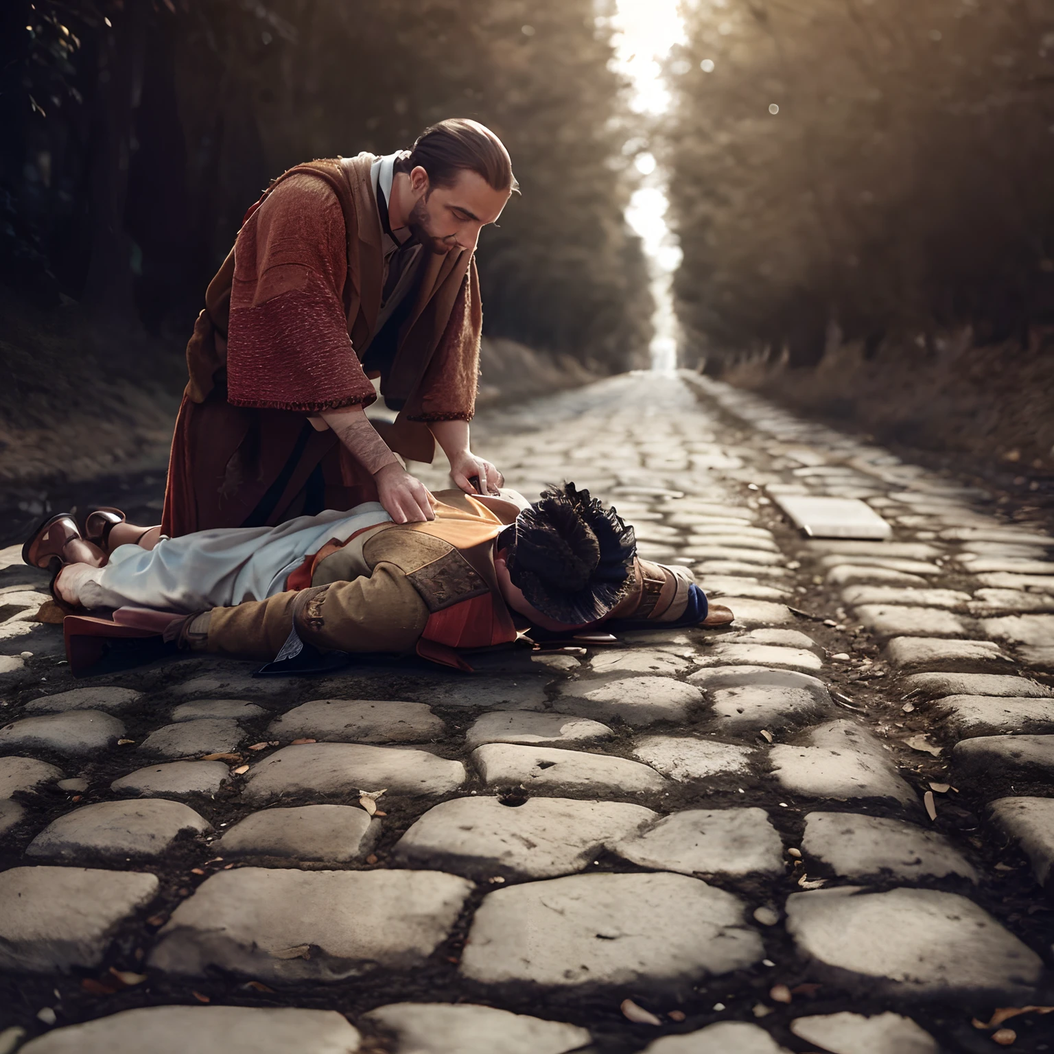 Man kneeling over a man lying on a cobblestone road, Directed by: Alessandro Allori, alessio albi, ferido, corpses come to life, ferido, Directed by: Daniel Lieske, Directed by: Adam Marczyński, lying on floor, cena heroica, Directed by: Micha Klein, romano, Directed by: Etienne Delessert, Directed by: Kurt Roesch