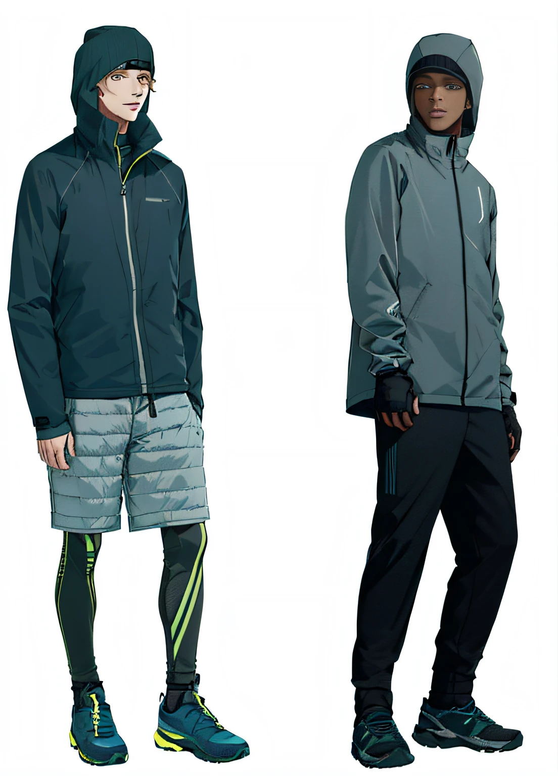 Two men in jackets and pants stood side by side, hiking clothes, sport outfit, sport outfit, full body shot shot, realistically rendered clothing, casual modern clothing, inspired by Salomon by Abbé, model wears a puffer jacket, casual green clothing, wearing track and field suit, professional sports style, Edited, modern casual clothing, techwear outfits