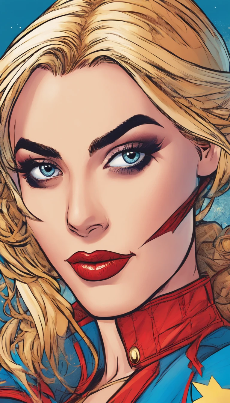 (Margot Robbie,Harley Quinn costume),best quality,ultra-detailed,realistic,vivid colors,portraits,studio lighting,bokeh,detailed eyes,detailed lips,crazy expression,playful pose,red and blue color scheme,soft lighting,mysterious background,stylish look,mischievous smile,distinctive makeup,high-res,professional,comic book charm