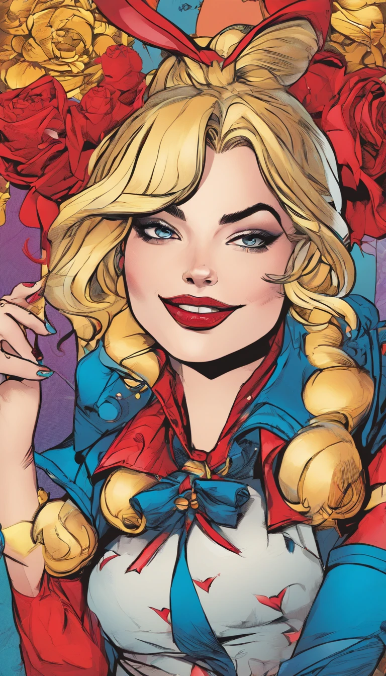 (Margot Robbie,Harley Quinn costume),best quality,ultra-detailed,realistic,vivid colors,portraits,studio lighting,bokeh,detailed eyes,detailed lips,crazy expression,playful pose,red and blue color scheme,soft lighting,mysterious background,stylish look,mischievous smile,distinctive makeup,high-res,professional,comic book charm