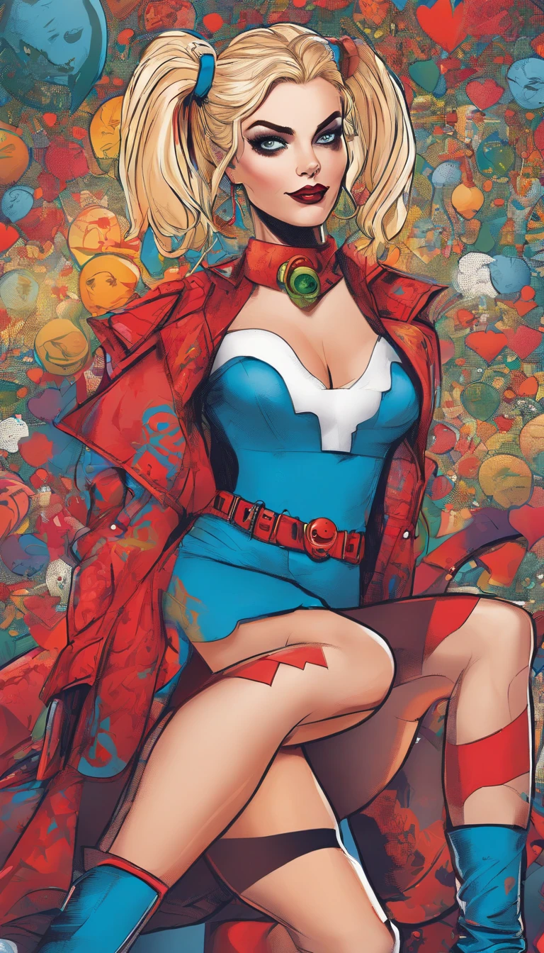 (Margot Robbie,Harley Quinn costume),best quality,ultra-detailed,realistic,vivid colors,portraits,studio lighting,bokeh,detailed eyes,detailed lips,crazy expression,playful pose,red and blue color scheme,soft lighting,mysterious background,stylish look,mischievous smile,distinctive makeup,high-res,professional,comic book charm