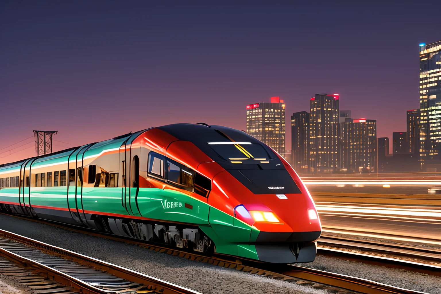 High-speed rail outbound,EMU head,city night scene,8K high-definition,3Drenderingof,