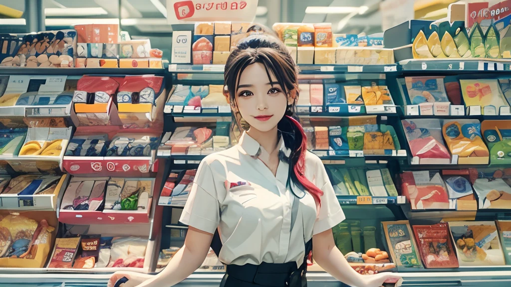 masutepiece、A high resolution、The convenience store of the future、Convenience store clerk、30-year-old girl、１Female shop assistant、Looking at the camera、ssmile、The completion is as shown in the image、Cash register and beauty、Fair and beautiful skin、Short and beautiful hair、inner colored、Hair should be tied in the back、