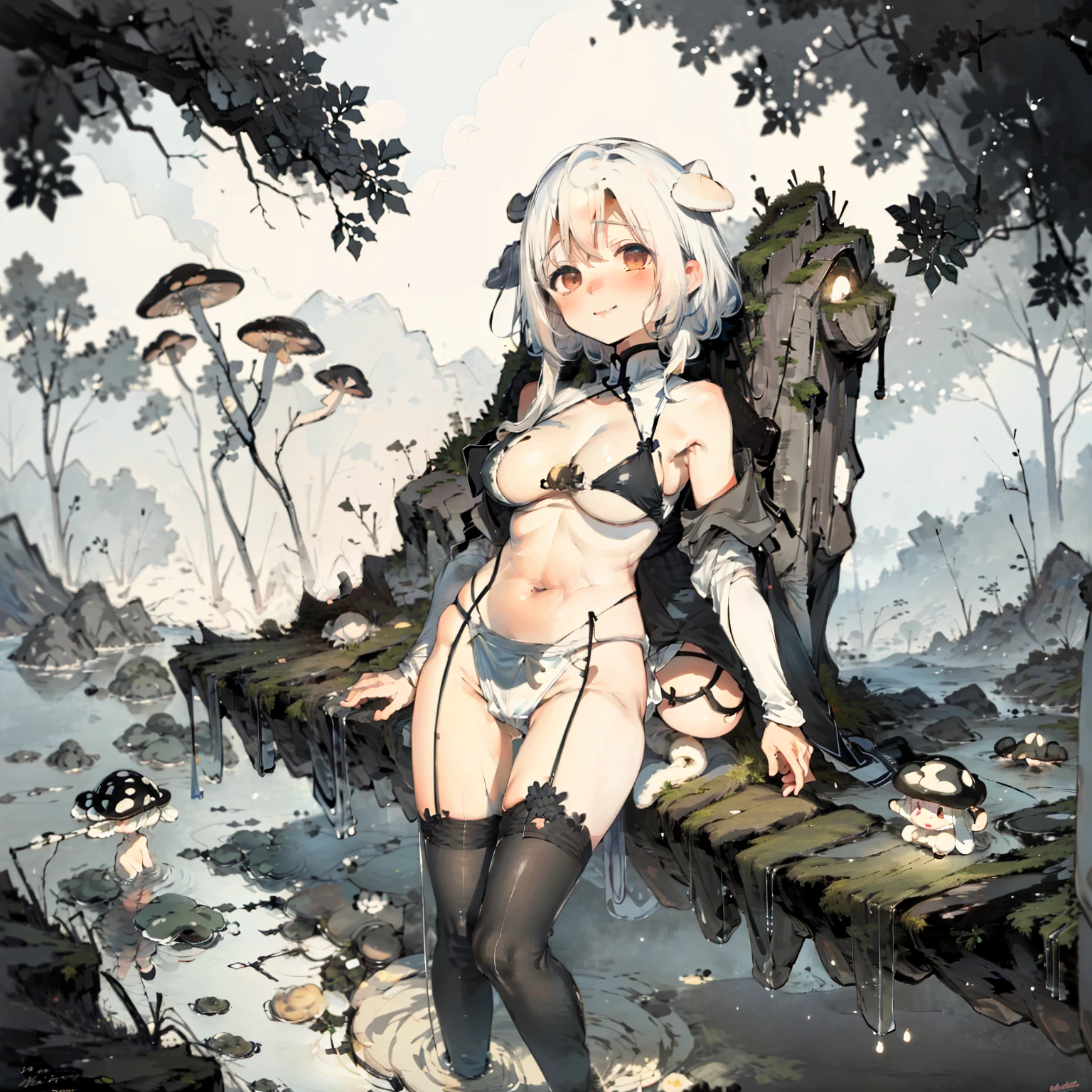 Simple drawing, Mushrooms and girls, huge boob, Big smile, glowing mushrooms, Mushrooms + Mushrooms + Mushrooms + Mushrooms + Mushrooms, Mushrooms on the head, Mushrooms grow on the body,From the side Side,Dancing,Watercolor illustration, Perfect anatomy, Masterpiece, Best quality, 1girll, Solo, (with short white hair:1.2),Nature, landscape,Outrageous resolution、A high resolution、(tmasterpiece:1.4)、ultra - detailed、1girl in、praying pose、pray、tranquil lake、the woods、A happy expression、kindly smile、Face up、magia、serene、Floating hair、the space、比基尼、