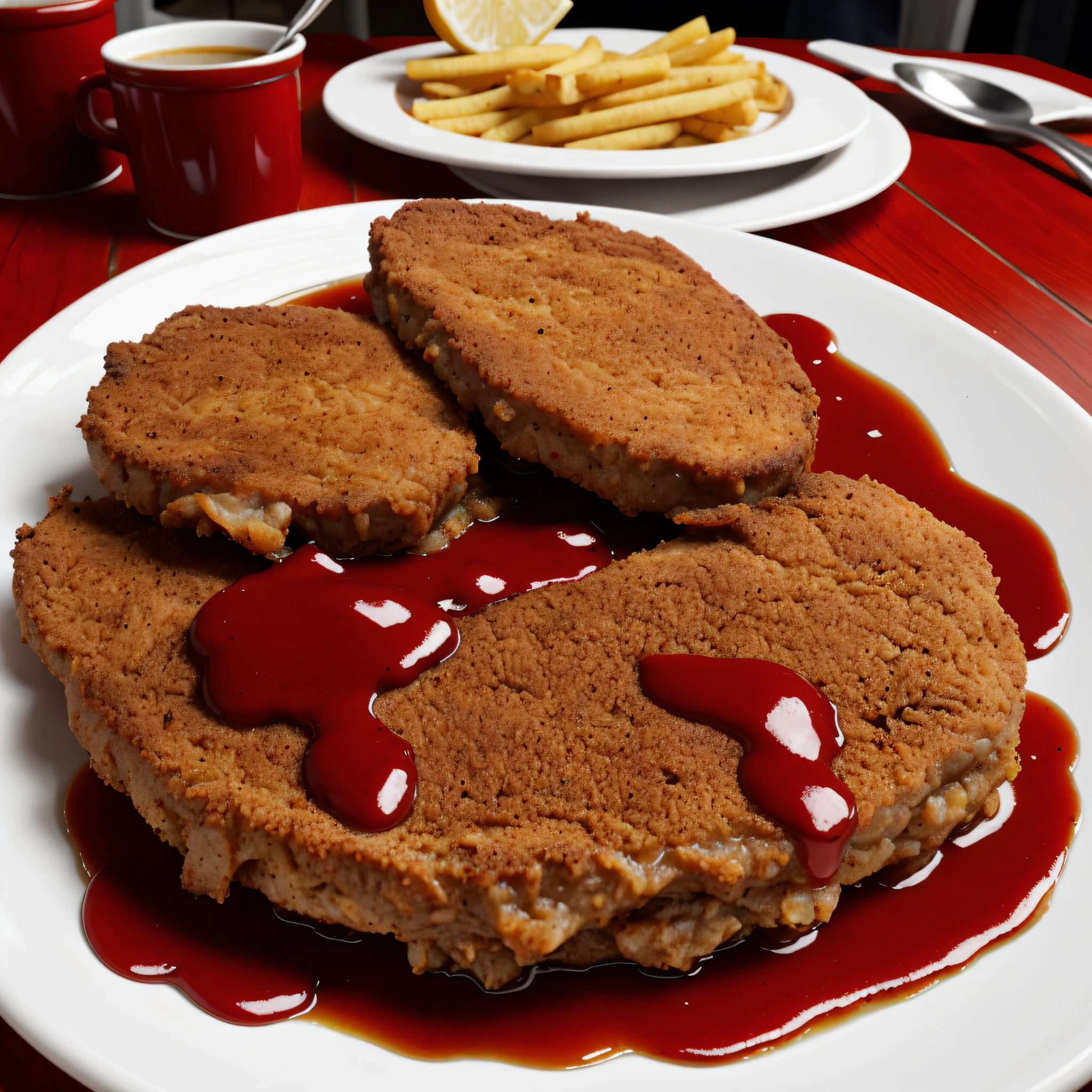 Fried steak with blood in the plate.