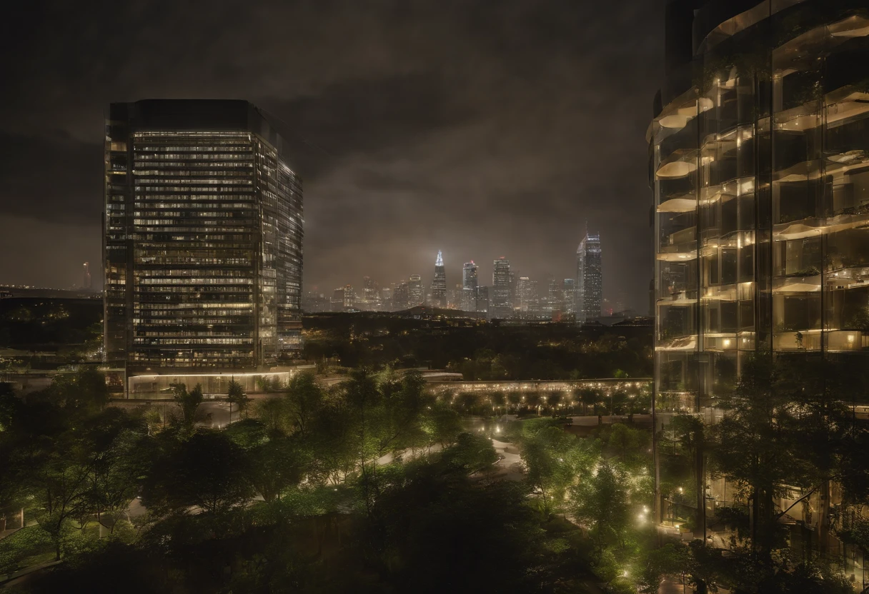 nighttime scene:2,Architectural photography depicting utopian cityscapes, Nature blends seamlessly with the urban fabric. The figure shows skyscrapers decorated with cascading vertical gardens, An oasis of relaxation in the midst of the hustle and bustle. Rooftop park, Abundant green space, The winding waterways provide respite，and promote community interaction. The city is bathed in softness, creating a tranquil atmosphere. The background shows mountains in the distance, Elevate the natural beauty of the city. This photograph captures the harmonious coexistence of man-made buildings with the organic world, Provide a glimpse into the environmentally conscious future. photography of：Byak Ingles, Innovative Danish architect，Known for its sustainable and human-centered design
