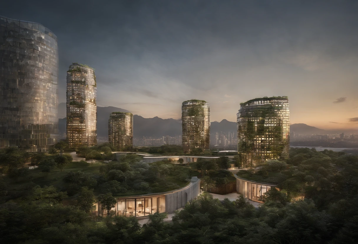 nighttime scene:2,Architectural photography depicting utopian cityscapes, Nature blends seamlessly with the urban fabric. The figure shows skyscrapers decorated with cascading vertical gardens, An oasis of relaxation in the midst of the hustle and bustle. Rooftop park, Abundant green space, The winding waterways provide respite，and promote community interaction. The city is bathed in softness, creating a tranquil atmosphere. The background shows mountains in the distance, Elevate the natural beauty of the city. This photograph captures the harmonious coexistence of man-made buildings with the organic world, Provide a glimpse into the environmentally conscious future. photography of：Byak Ingles, Innovative Danish architect，Known for its sustainable and human-centered design