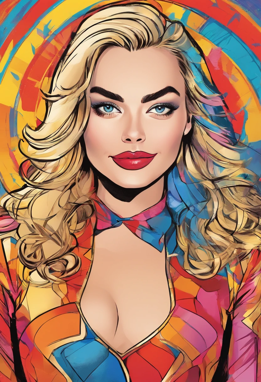 (Margot Robbie,Traje de Arlequina),best quality,ultra-detalhado,Realistic,vivid colors,Retratos,studio lighting,Bokeh,Olhos detalhados,Detailed lips,crazy expression,playful pose,esquema de cores vermelho e azul,soft lighting,fundo misterioso,visual estiloso,sorriso travesso,maquiagem diferenciada,alta resolução,profissional,Charme dos quadrinhos