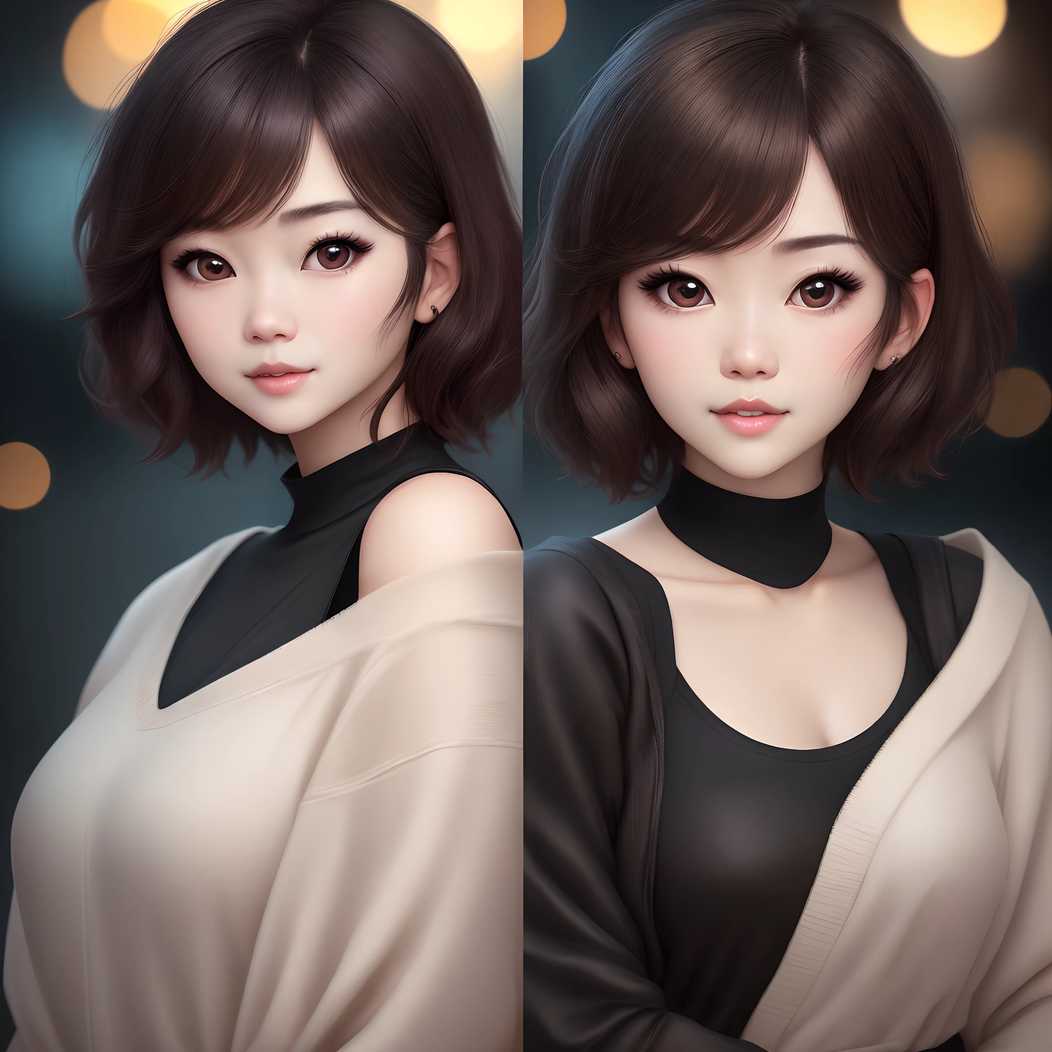 arafed woman with a black shirt and a black top, with short hair, soft portrait shot 8 k, kawaii realistic portrait, high quality portrait, portrait cute-fine-face, short brown hair and large eyes, cute natural anime face, realistic. cheng yi, 8k artgerm bokeh, sakimichan, sakimi chan