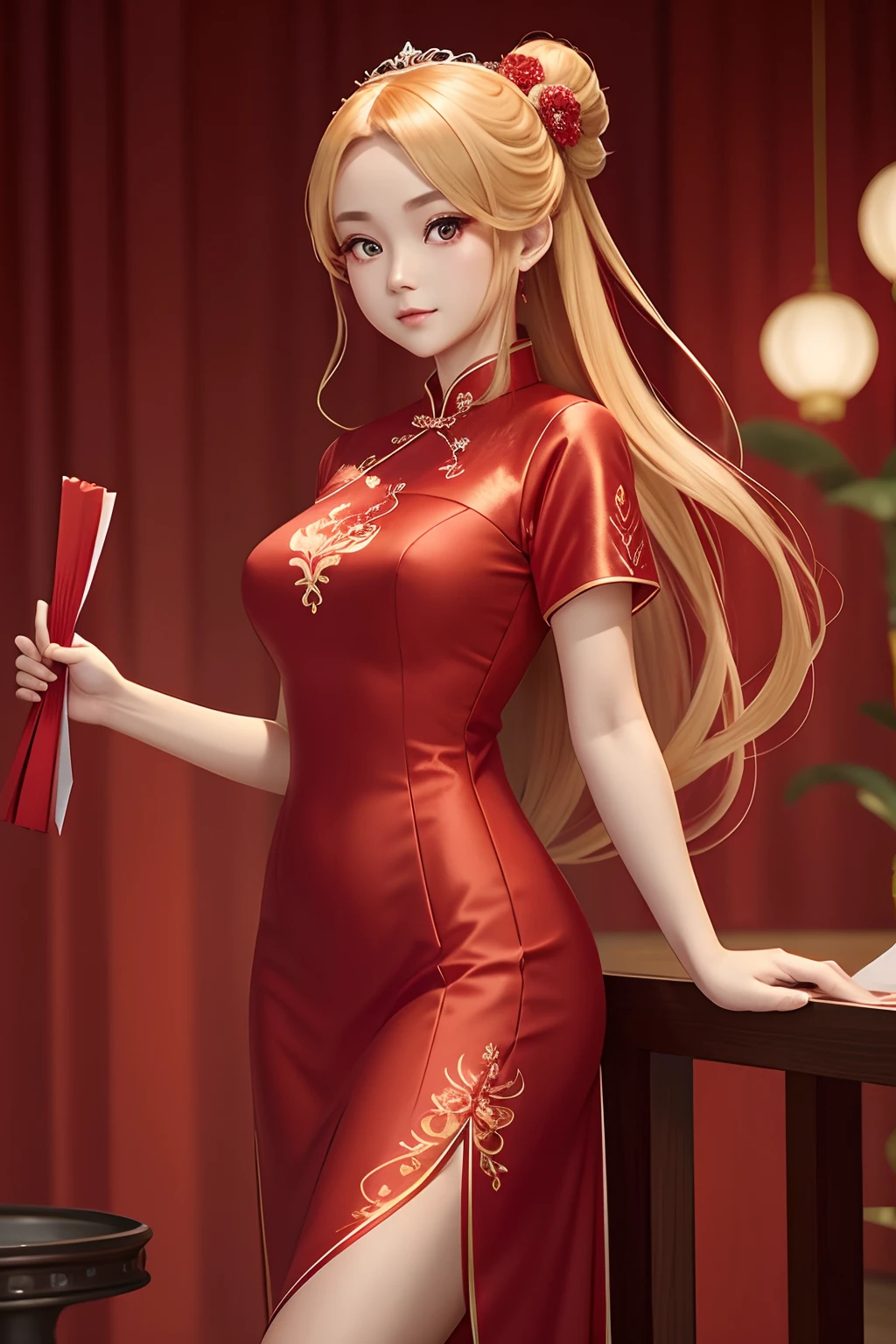 a woman in a red dress cheongsam, wearing a red cheongsam holding paper fan, beautiful girl, big eyes, iridescent eyes, red dress, long blonde hair with jade hairpin, exquisite digital illustration, digital art of an elegant, anime girl, princess, hd, 8k, high resolution