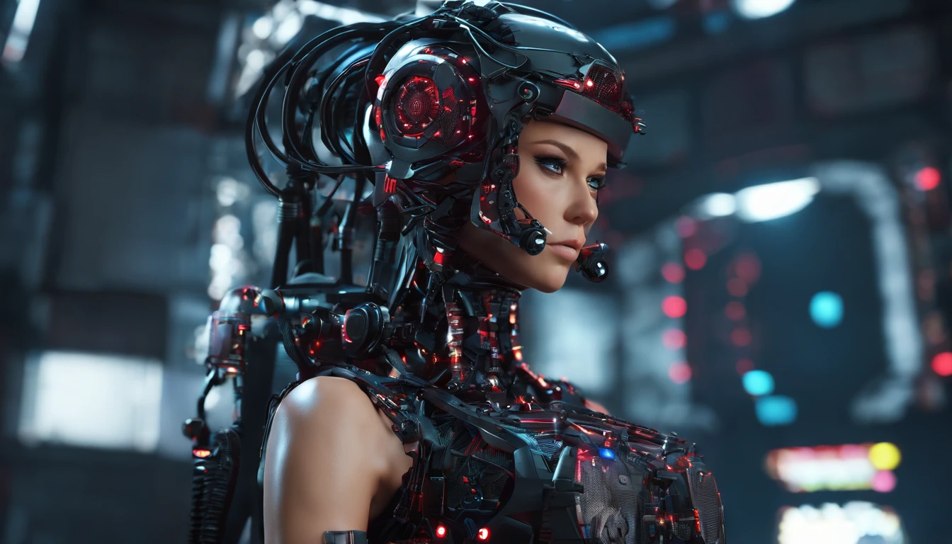 A mechanic girl, cyper punk girl 2077, Red long hair, Big boobs, Hot nice body, science fiction, front view, Sense of technology, C4D, Oc renderer, unreal engine, high detail, industrial design, 8k HD, studio light, retro