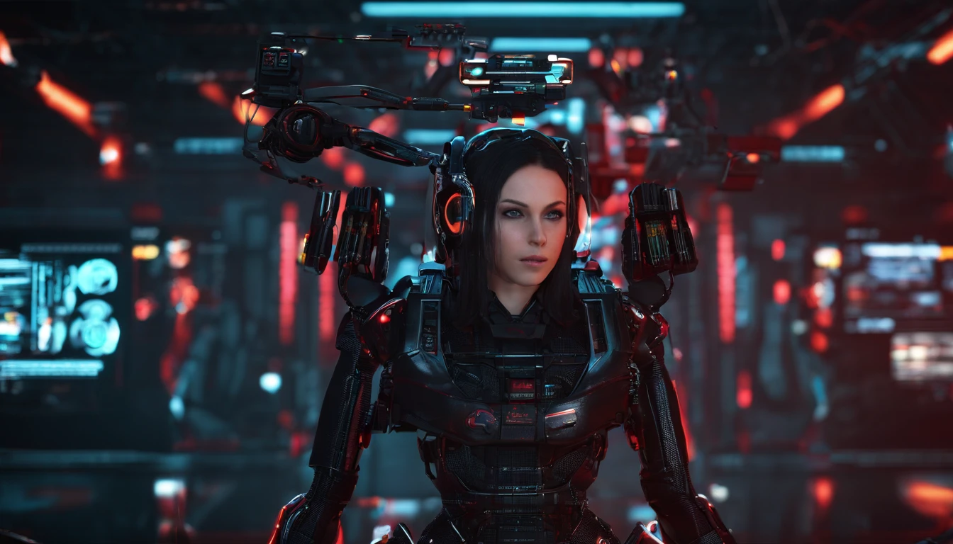 A mechanic girl, cyper punk girl 2077, Red long hair, Big boobs, Hot nice body, science fiction, front view, Sense of technology, C4D, Oc renderer, unreal engine, high detail, industrial design, 8k HD, studio light, retro