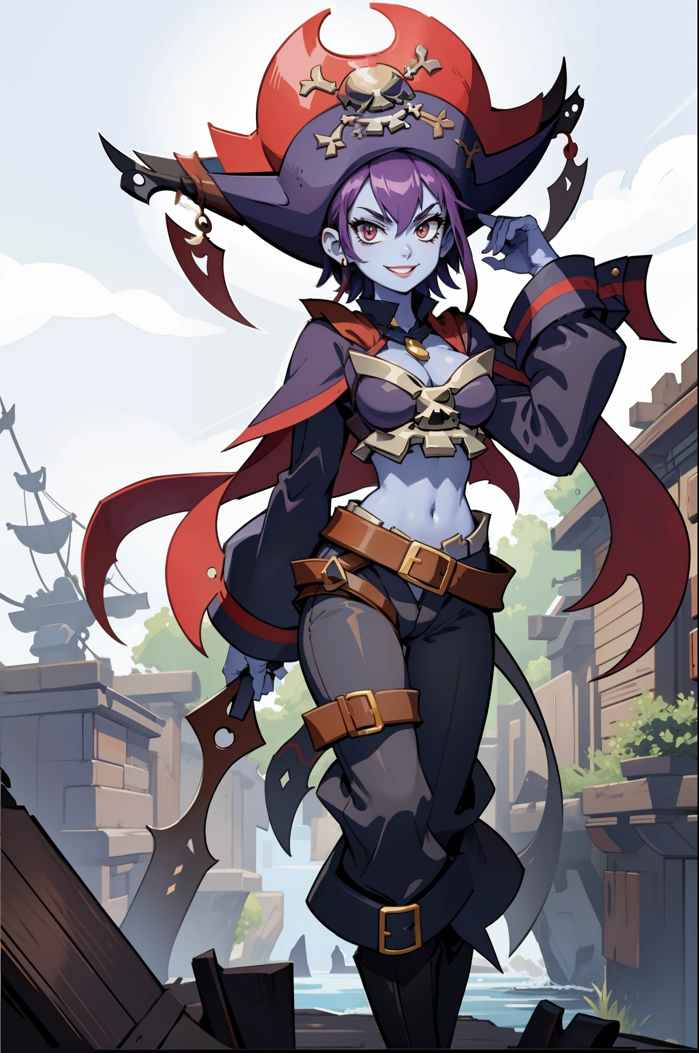 Masterpiece, Best Quality, risky, blue skin, Pirate Hat, black cloak, black undershirt, Black pants, knee boots, Smiling