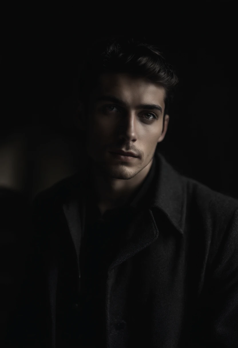 (best quality,fotorrealista),(Escuro,pressentimento) homem jovem, Man,olhos negros detalhados,longos cabelos pretos que lembram a noite,pale skin,Visible dark circles,corpo atletico, mas coberto de cicatrizes,Atmosfera sinistra,gothic aesthetic,nightmare appearance,olhar intenso,Aura misteriosa, postura sinuosa e tensa,dramatic shadows and lighting,vivid contrast between light and dark,hint of danger,atmosfera encantada