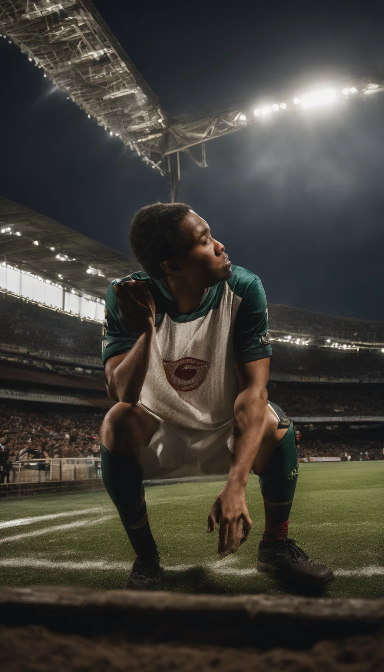 silheta jogador de futebol, noite, cidade vista de longe, visao de cima, estadio de futebol da champions em no centro, muitas luzes