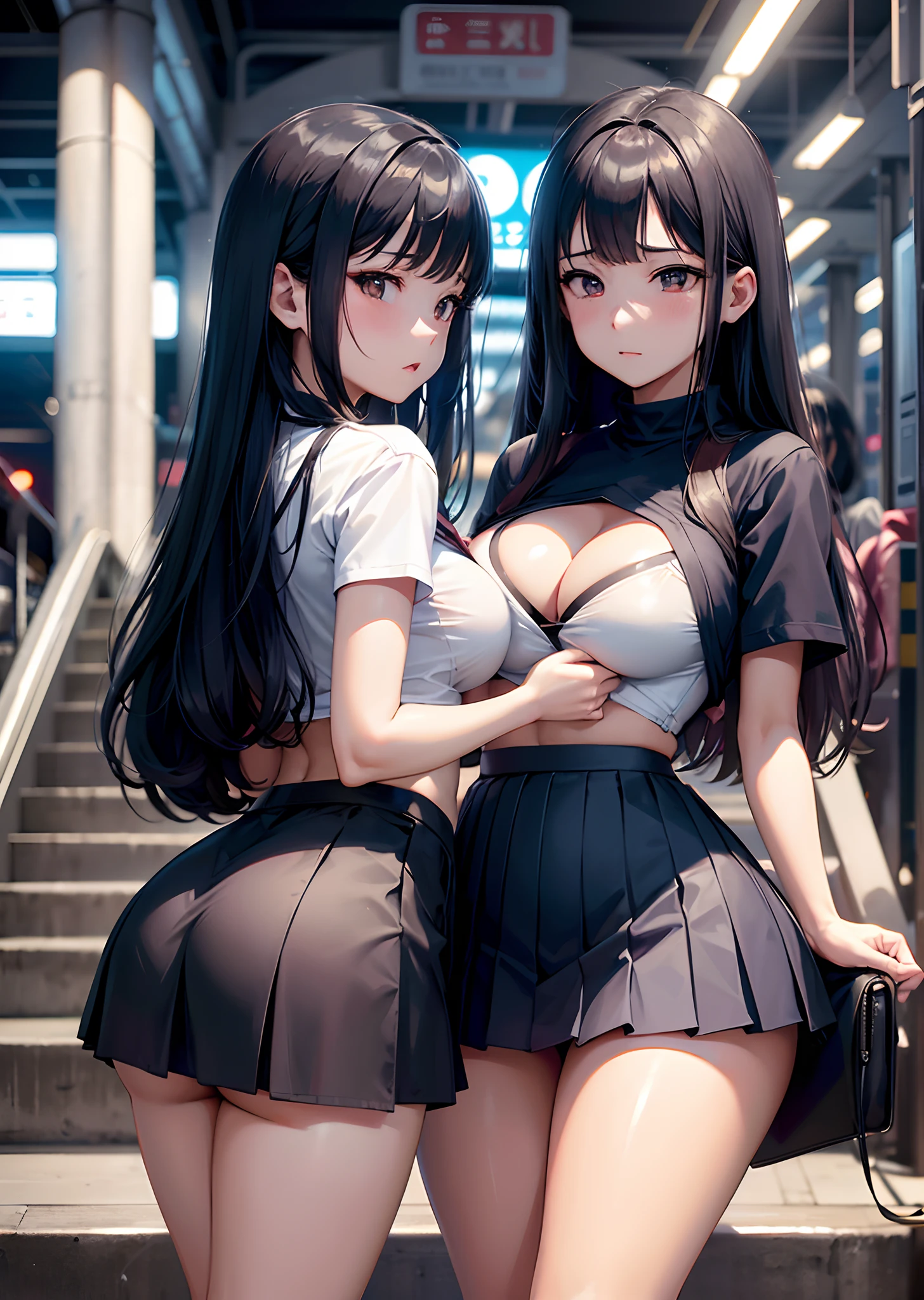 Pair of high school girls standing side by side facing backwards、Long Black Hair、Colossal tits、cleavage of the breast、tits out、Neon Street at Night、a miniskirt、thighs thighs thighs thighs、Navy blue pleated skirt and panties visible、Short sleeve shirt、s ass、White T-back、sexy lingerie、emphasis on the buttocks、train station stairs、traffic jam