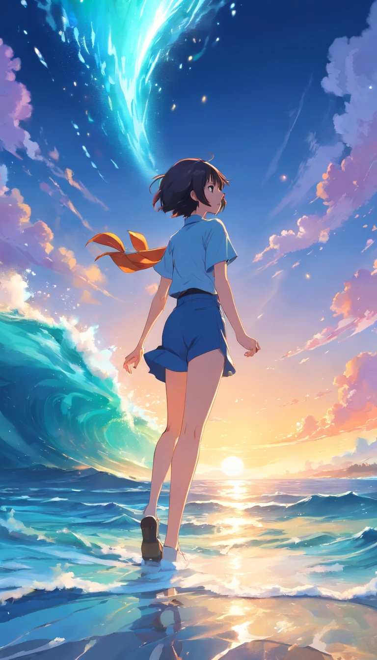 Vast sky、Beautiful skyline、Wide steppe、Very tense and dramatic pictures、Moving visual effects、Polaris hanging high、Colorful natural glare。Nami from anime one piece orange hair with swimsuit