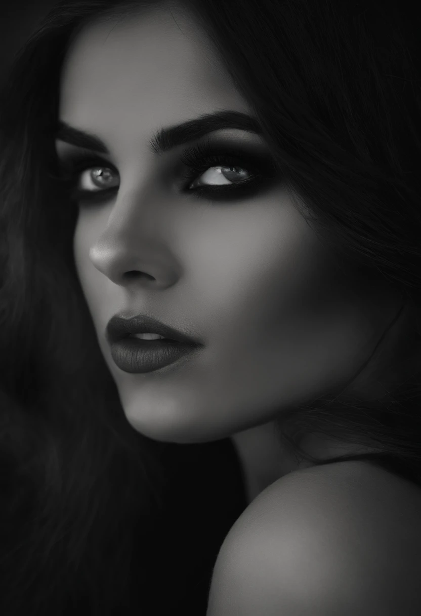 (best quality,fotorealistisch),(dunkel,Vorahnung) woman ,Detaillierte schwarze Augen,langes schwarzes Haar, that resembles the night,blasse Haut,sichtbare Augenringe,athletic body, but strewn with scars,Ominous atmosphere,Gothic aesthetics,Albtraumhaftes Aussehen,intensiver Blick,Mysterious aura, gewundene und angespannte Haltung,Dramatische Schatten und Beleuchtung,Lebendiger Kontrast zwischen Hell und Dunkel,Andeutung von Gefahr,enchanted atmosphere