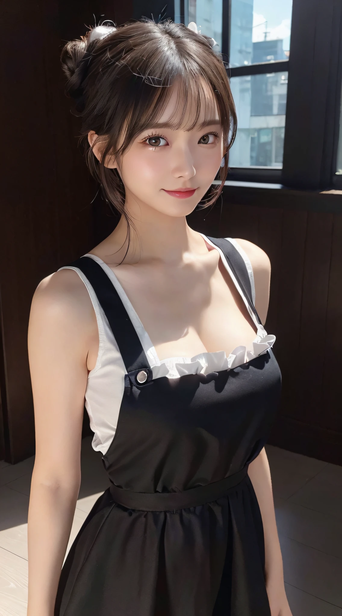 Innocent 20 year old girl、((Maids, A dark-haired, pinafore, Maid headdress, single hair bun, Hair buns, maid apronl, Dramatic poses)),Smile,night city background,short-cut、Raw photo, (8K、top-quality、masterpiece:1.2)、(intricate detailes:1.4)、(Photorealsitic:1.4)、octane renderings、Complex 3D rendering ultra detail, Studio Soft Light, Rim Lights, vibrant detail, super detailing, realistic skin textures, Detail Face, Beautiful detail eyes, Very detailed CG Unity 16k wallpaper, make - up, (detailedbackground:1.2), shinny skin, Full body,Hands down、Be undress、cleavage of the breast