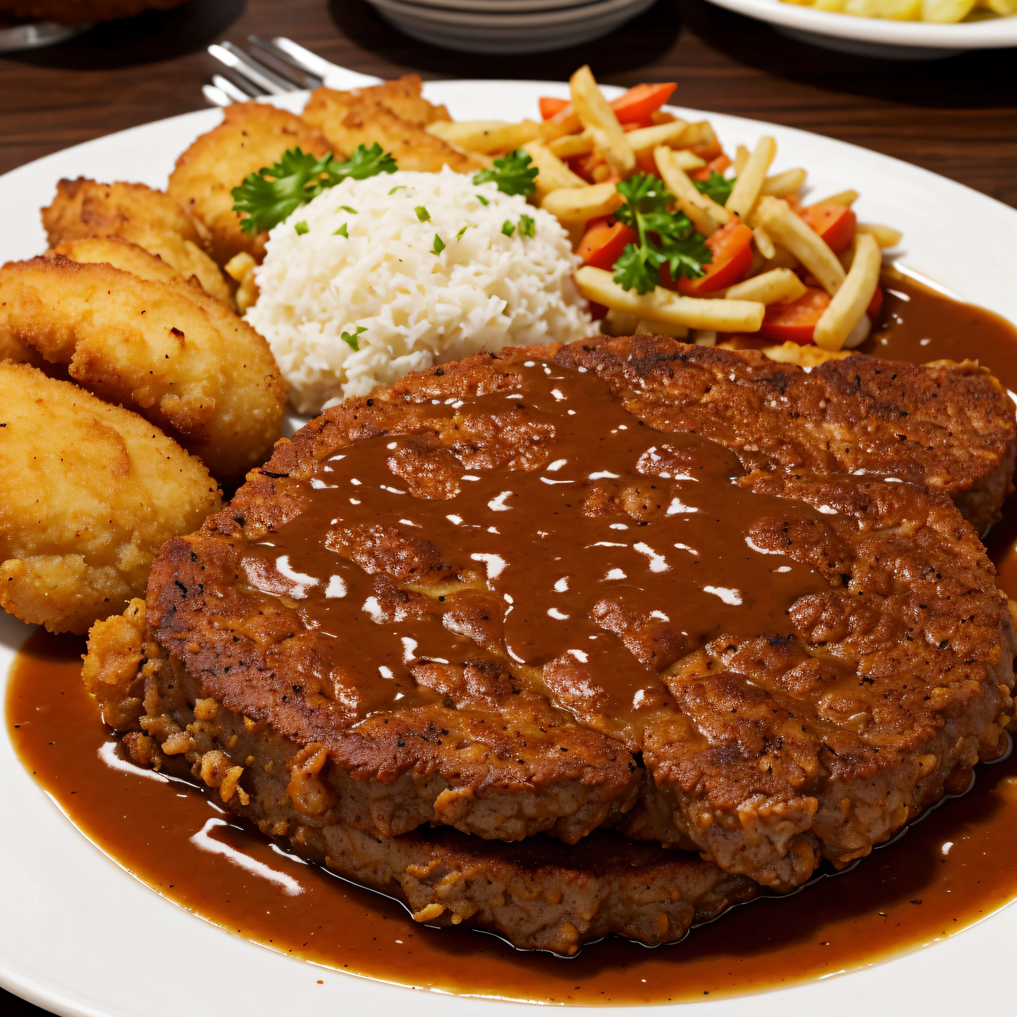 Fried steak with blood in the plate.