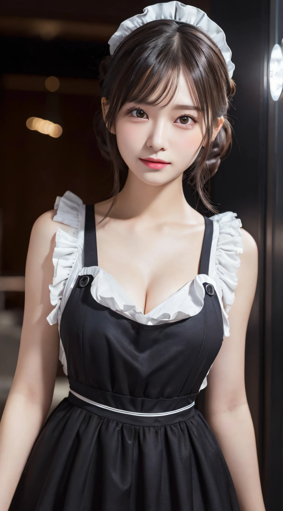 Innocent 20 year old girl、((Maids, A dark-haired, pinafore, Maid headdress, single hair bun, Hair buns, maid apronl, Dramatic poses)),Smile,night city background,short-cut、Raw photo, (8K、top-quality、​masterpiece:1.2)、(intricate detailes:1.4)、(Photorealsitic:1.4)、octane renderings、Complex 3D rendering ultra detail, Studio Soft Light, Rim Lights, vibrant detail, super detailing, realistic skin textures, Detail Face, Beautiful detail eyes, Very detailed CG Unity 16k wallpaper, make - up, (detailedbackground:1.2), shinny skin, Full body,Hands down、Be undress、cleavage of the breast