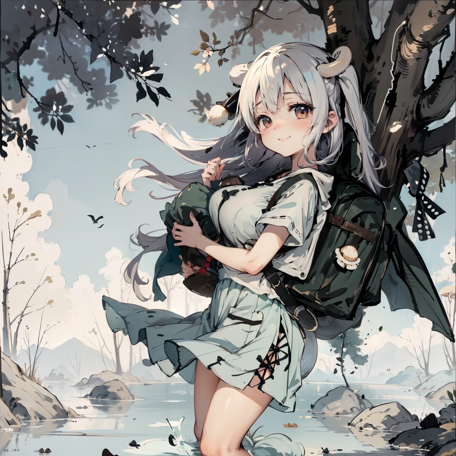 Simple drawing, Mushrooms and girls, huge boob, From the side Side,Dancing,Watercolor illustration, Perfect anatomy, Masterpiece, Best quality, 1girll, Solo, (with short white hair:1.2),Nature, landscape,Outrageous resolution、A high resolution、(tmasterpiece:1.4)、ultra - detailed、1girl in、praying pose、pray、Tranquil lake、the woods、A happy expression、kindly smile、Face up、magia、serene、Floating hair、the space、比基尼、