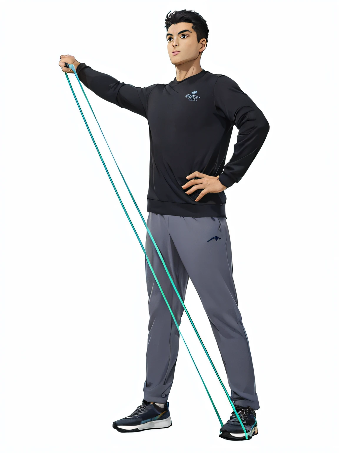 The Arafed man holds a pair of green and blue resistance ropes, full body dynamic pose, powerful stance, sturdy body, full body full height, fully body pose,, t-poses, full body action pose, man standing in defensive pose